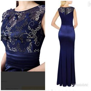 VFSHOW Womens Formal Ruched Ruffles Evening Prom Maxi Dress navy blue satin Med